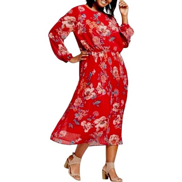Ava & Viv Midi Dress Pleated Long Sleeves Red Multi Floral Women’s Size 1X - Picture 1 of 14